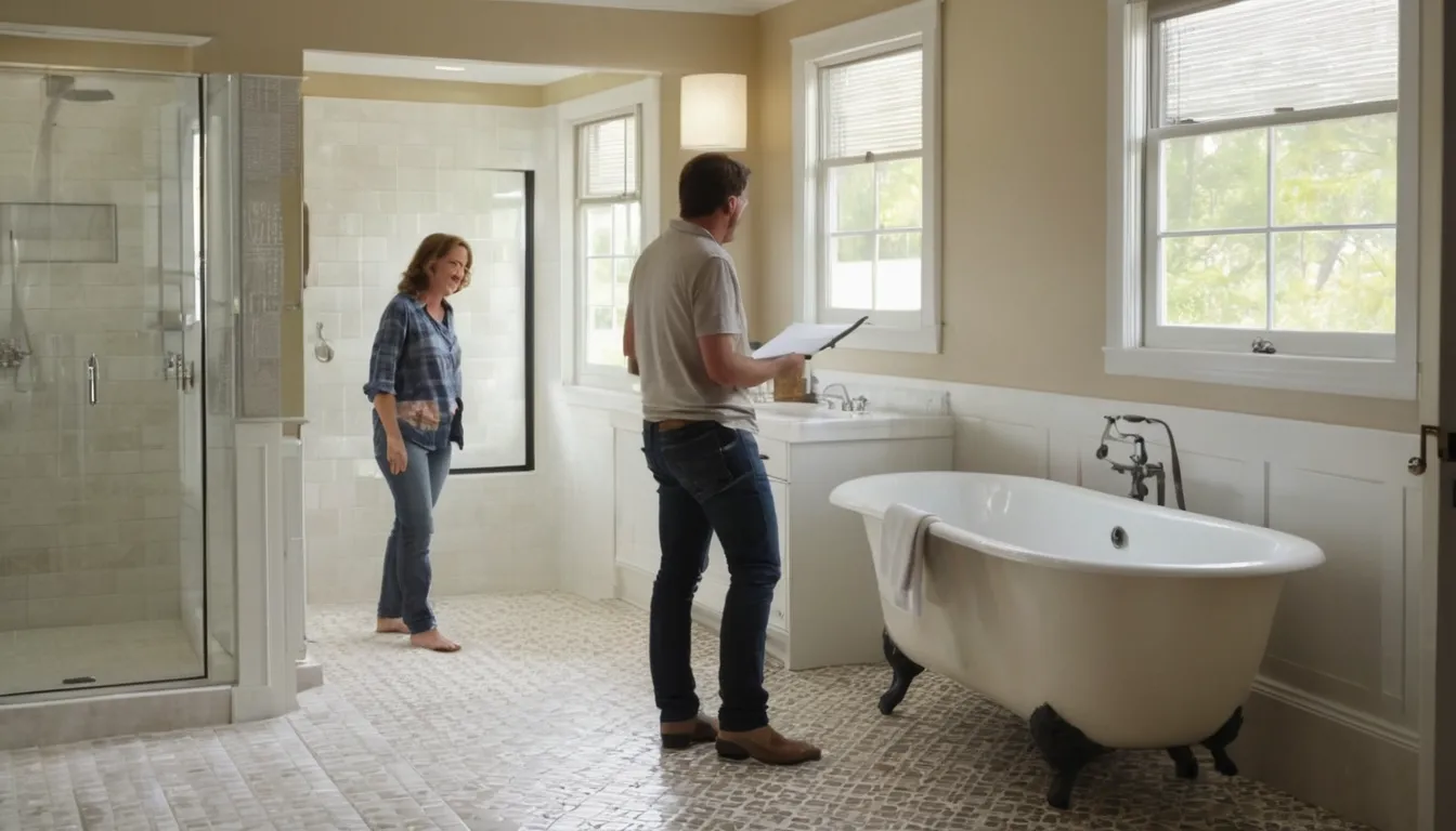 A homeowner and a local remodeling provider reviewing a bathroom plan in a bright Baltimore home